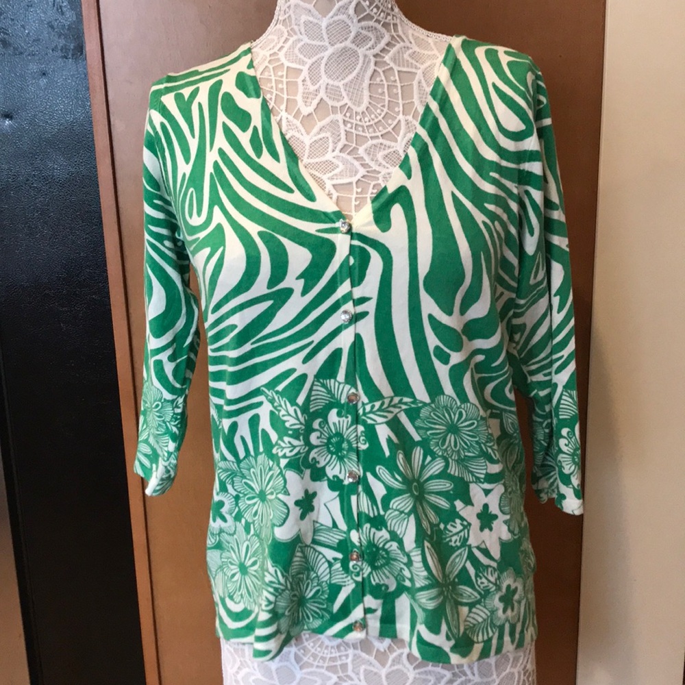 Dennis Basso white and green print sweater